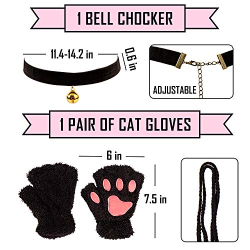 Whaline Disfraz de gato negro para Halloween, disfraz de gato, diadema de felpa, gargantilla, collar de cola, guantes Lolita, gótico, accesorios para mujeres y niñas, fiesta temática de Halloween