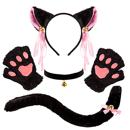 Whaline Disfraz de gato negro para Halloween, disfraz de gato, diadema de felpa, gargantilla, collar de cola, guantes Lolita, gótico, accesorios para mujeres y niñas, fiesta temática de Halloween