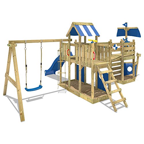 WICKEY Parque infantil de madera ArcticFlyer con columpio y tobogán azul, Casa de juegos de jardin con arenero y escalera para niños