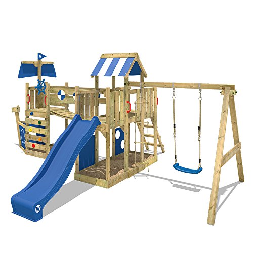 WICKEY Parque infantil de madera ArcticFlyer con columpio y tobogán azul, Casa de juegos de jardin con arenero y escalera para niños