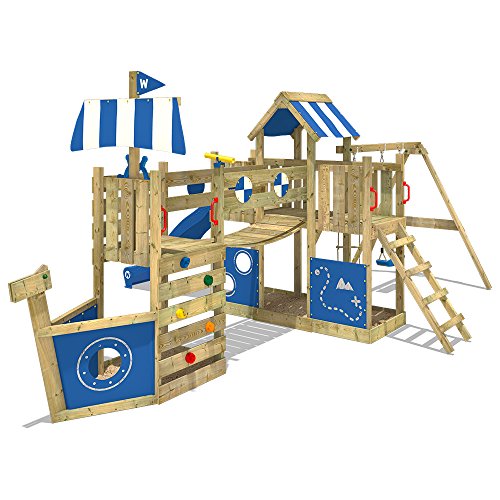 WICKEY Parque infantil de madera ArcticFlyer con columpio y tobogán azul, Casa de juegos de jardin con arenero y escalera para niños