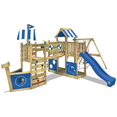 WICKEY Parque infantil de madera ArcticFlyer con columpio y tobogán azul, Casa de juegos de jardin con arenero y escalera para niños