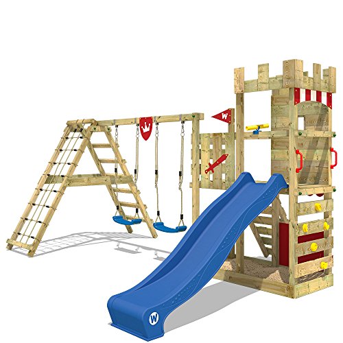 WICKEY Parque infantil de madera Smart Crown con columpio y tobogán, Torre de escalada da exterior con arenero y escalera para niños