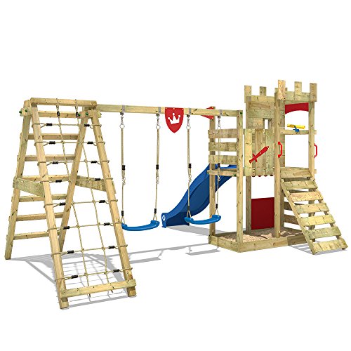 WICKEY Parque infantil de madera Smart Crown con columpio y tobogán, Torre de escalada da exterior con arenero y escalera para niños