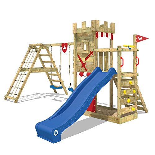 WICKEY Parque infantil de madera Smart Crown con columpio y tobogán, Torre de escalada da exterior con arenero y escalera para niños