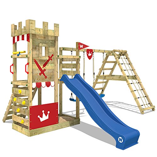 WICKEY Parque infantil de madera Smart Crown con columpio y tobogán, Torre de escalada da exterior con arenero y escalera para niños