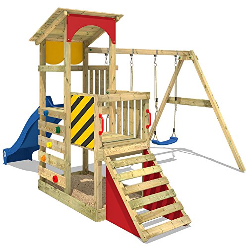 WICKEY Parque infantil de madera Smart Scoop con columpio y tobogán, Torre de escalada de exterior con arenero y escalera para niños