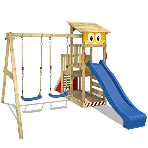 WICKEY Parque infantil de madera Smart Scoop con columpio y tobogán, Torre de escalada de exterior con arenero y escalera para niños