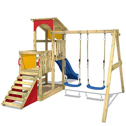 WICKEY Parque infantil de madera Smart Scoop con columpio y tobogán, Torre de escalada de exterior con arenero y escalera para niños