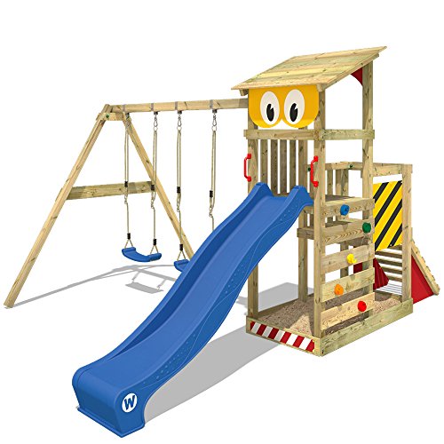 WICKEY Parque infantil de madera Smart Scoop con columpio y tobogán, Torre de escalada de exterior con arenero y escalera para niños