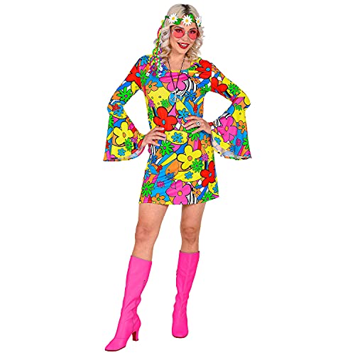 WIDMANN Disfraz de adulto The 70s Groovy Style 48760, vestido de flores, hippy, años 70, fiesta temática, carnaval, mujer, multicolor, XXL