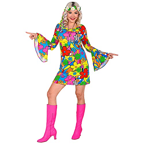 WIDMANN Disfraz de adulto The 70s Groovy Style 48760, vestido de flores, hippy, años 70, fiesta temática, carnaval, mujer, multicolor, XXL