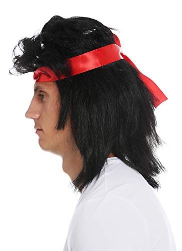 WIG ME UP- SARL001-P103 Peluca Cinta para el Pelo Carnaval Hombres Larga Negra Mullet los 80 Estrella de película de acción Guerrero Kung-Fu