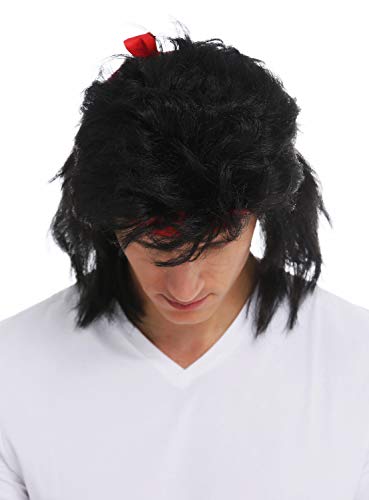 WIG ME UP- SARL001-P103 Peluca Cinta para el Pelo Carnaval Hombres Larga Negra Mullet los 80 Estrella de película de acción Guerrero Kung-Fu