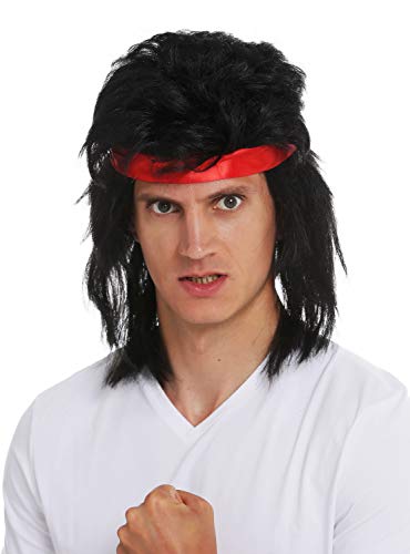 WIG ME UP- SARL001-P103 Peluca Cinta para el Pelo Carnaval Hombres Larga Negra Mullet los 80 Estrella de película de acción Guerrero Kung-Fu