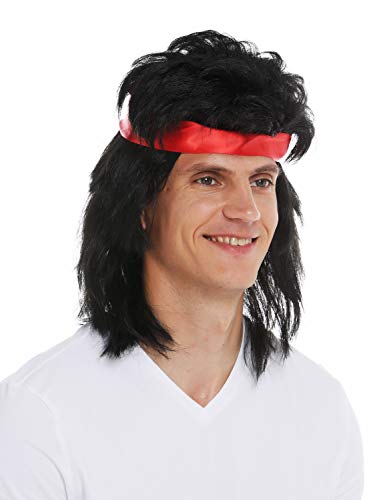 WIG ME UP- SARL001-P103 Peluca Cinta para el Pelo Carnaval Hombres Larga Negra Mullet los 80 Estrella de película de acción Guerrero Kung-Fu