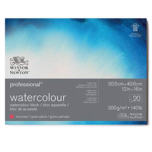 Winsor & Newton Papel de Acuarela, 100% algodón, Blanco Claro Natural, 30,5 x 40,6cm-20 Blatt im Block, 300g/m²