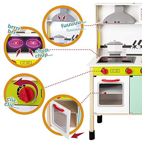 WOOMAX - Cocina juguete de madera con accesorios, utensilios de cocina, por niños 3 años, juguete Luz y Sonidos, juguete moderna, color verde