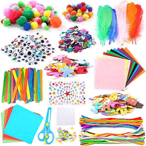 WuikerDuo Kit Manualidades niños, juegos de materiales creativos coloridos que incluyen pegamento con purpurina, pompones, limpiadores de tuberías, palillos de paletas