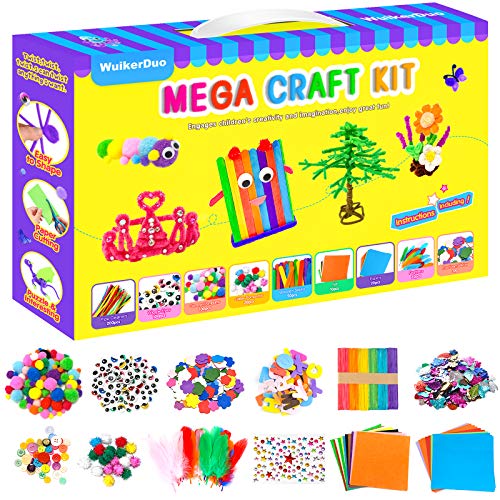 WuikerDuo Kit Manualidades niños, juegos de materiales creativos coloridos que incluyen pegamento con purpurina, pompones, limpiadores de tuberías, palillos de paletas