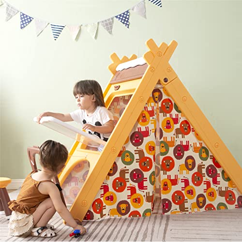 WZFANJIJ Triángulo de Escalada Plegable, 4 en 1 Tienda de Juegos para niños Hideaway con Caballete de Arte, Taburete para niños pequeños 1 3 5 años, Triángulo de Escalada Túnel de Arrastre,Yellow