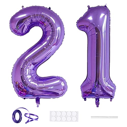 Xihuimay Globos numéricos 21 globos de helio de 101,6 cm, globos digitales de alfabeto de 21 cumpleaños, globos de helio, globos grandes para fiestas de bodas despedidas de soltera, morado número 21