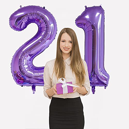 Xihuimay Globos numéricos 21 globos de helio de 101,6 cm, globos digitales de alfabeto de 21 cumpleaños, globos de helio, globos grandes para fiestas de bodas despedidas de soltera, morado número 21