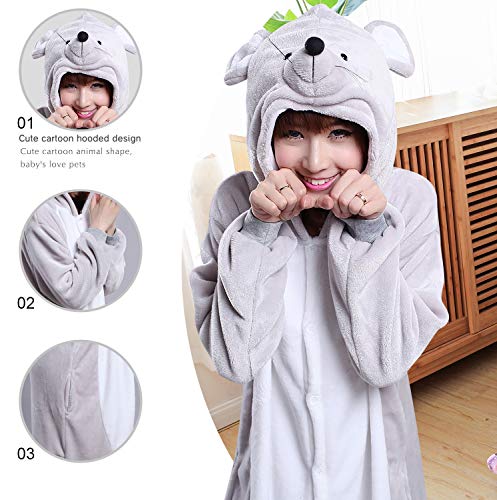 YAOMEI Adulto Unisexo Onesies Kigurumi Pijamas, Mujer Hombres Traje Disfraz Animal Pyjamas, Ropa de Dormir Halloween Cosplay Navidad Animales de Vestuario (Ratón, M)