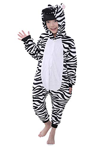 YAOMEI Niños Onesies Kigurumi Pijamas, Niña Traje Disfraz Capucha, Ropa de Dormir Halloween Cosplay Navidad Animales de Vestuario (100 para Niño Altura 90-100CM (35"-39"), Cebra)