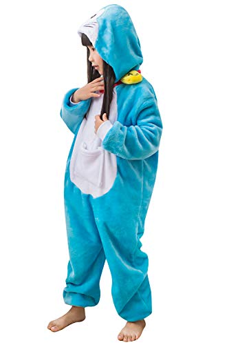 YAOMEI Niños Onesies Kigurumi Pijamas, Niña Traje Disfraz Capucha, Ropa de Dormir Halloween Cosplay Navidad Animales de Vestuario (140, Doraemon)