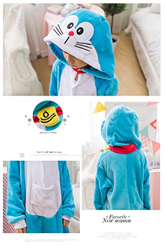 YAOMEI Niños Onesies Kigurumi Pijamas, Niña Traje Disfraz Capucha, Ropa de Dormir Halloween Cosplay Navidad Animales de Vestuario (140, Doraemon)