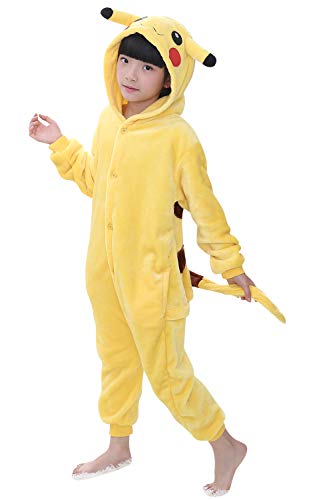 YAOMEI Niños Onesies Kigurumi Pijamas, Niña Traje Disfraz Capucha, Ropa de Dormir Halloween Cosplay Navidad Animales de Vestuario (140 para Niño Altura 130-140CM (51"-55"), Pikachu)