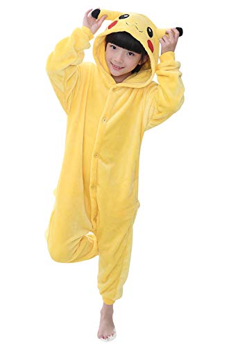 YAOMEI Niños Onesies Kigurumi Pijamas, Niña Traje Disfraz Capucha, Ropa de Dormir Halloween Cosplay Navidad Animales de Vestuario (140 para Niño Altura 130-140CM (51"-55"), Pikachu)