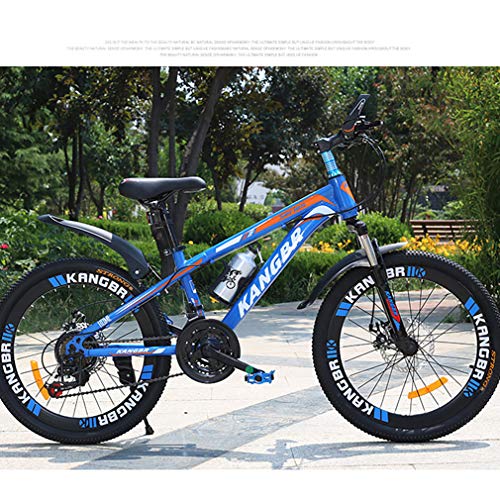 YAOXI Bicicleta De Montaña con Suspensión Amortiguación Horquilla, Bolsillo del Marco Y Sostenedor De Botella De Agua Engranaje 21 De Doble Disco De Freno Niño-Niña Bicicleta,Azul,24Inch