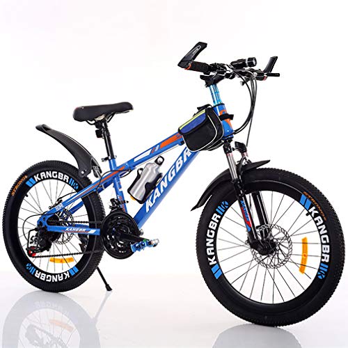 YAOXI Bicicleta De Montaña con Suspensión Amortiguación Horquilla, Bolsillo del Marco Y Sostenedor De Botella De Agua Engranaje 21 De Doble Disco De Freno Niño-Niña Bicicleta,Azul,24Inch