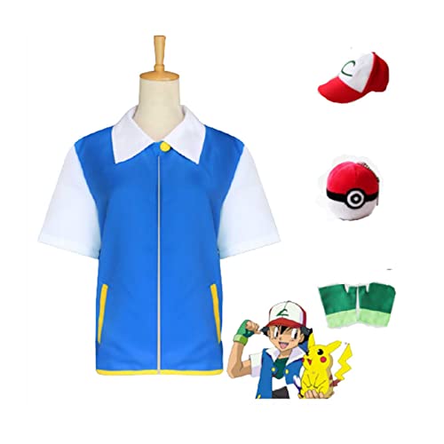 YEARGER Disfraz de Pokemon Ash Ketchum, Traje de Cosplay, Chaqueta Azul, Guantes, Sombrero y Bola, Men's-XXL