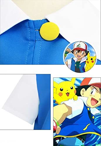 YEARGER Disfraz de Pokemon Ash Ketchum, Traje de Cosplay, Chaqueta Azul, Guantes, Sombrero y Bola, Men's-XXL