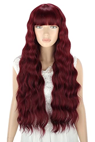 YEESHEDO Pelucas mujer con flequillo rojo pelo natural Castaño larga ondulada, peluca de pelo jengibre largo suelto y rizada, wavy wig para mujeres y niñas 28" (vino rojo)