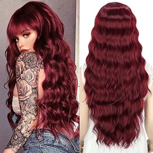 YEESHEDO Pelucas mujer con flequillo rojo pelo natural Castaño larga ondulada, peluca de pelo jengibre largo suelto y rizada, wavy wig para mujeres y niñas 28" (vino rojo)