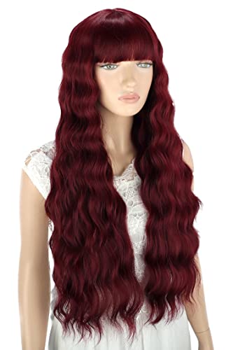 YEESHEDO Pelucas mujer con flequillo rojo pelo natural Castaño larga ondulada, peluca de pelo jengibre largo suelto y rizada, wavy wig para mujeres y niñas 28" (vino rojo)