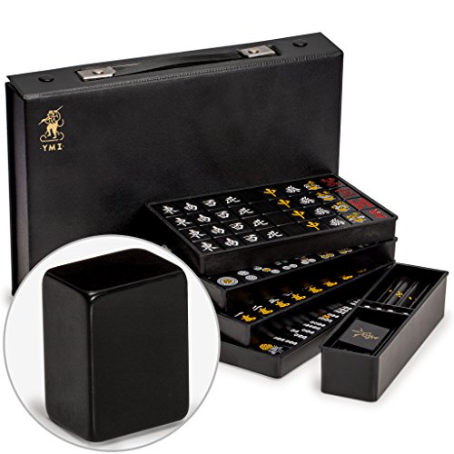 Yellow Mountain Imports Juego de Mahjong Japonés Riichi - Fichas Tamaño Estándar Negras y Estuche de Vinilo - con Ficha de Viento este, Juego de Palos para Apuestas y Dados