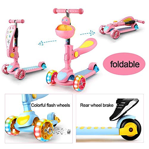 Ygqtbc Niños kick scooter w / 3 Cubierta de ruedas, manillar Puños, Sit-o-plataforma del asiento plegable desmontable, el resto del pie, freno incorporado y cesta Bonificación por 2-8 año viejo niño d