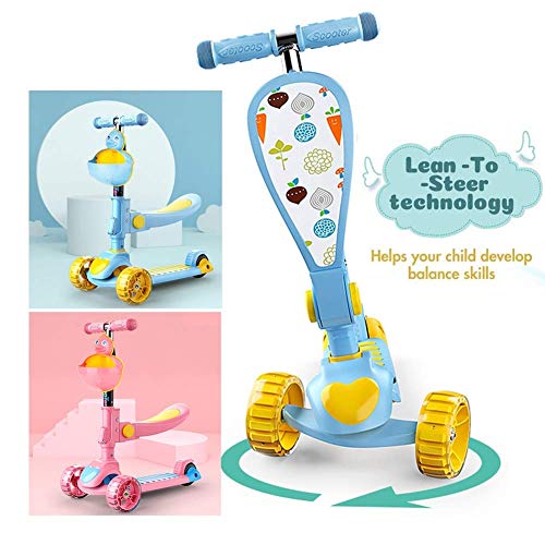 Ygqtbc Niños kick scooter w / 3 Cubierta de ruedas, manillar Puños, Sit-o-plataforma del asiento plegable desmontable, el resto del pie, freno incorporado y cesta Bonificación por 2-8 año viejo niño d