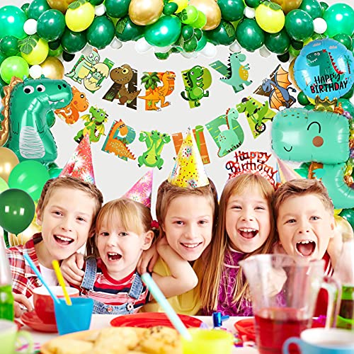 Yiomxhi Selva Dinosaurios Decoraciones Cumpleaños de Fiesta Infantil, Globos de Cumpleaños Dinosaurios, Guirnalda Feliz Bandera Hojas Palma Globos de Latex, Niña Niño Cumpleaños Multicolores(125PCS)