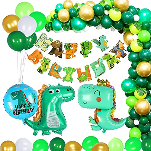 Yiomxhi Selva Dinosaurios Decoraciones Cumpleaños de Fiesta Infantil, Globos de Cumpleaños Dinosaurios, Guirnalda Feliz Bandera Hojas Palma Globos de Latex, Niña Niño Cumpleaños Multicolores(125PCS)