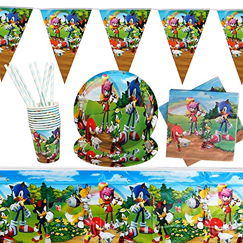 Yisscen 52 Piezas Juego de Vajilla de Sonic para Fiesta de Cumpleaños, Decoraciones de Cumpleaños Para Niños, Juegos de Artículos Para Fiesta, Platos, Tazas, Servilletas, Manteles,Pajitas, Banderines