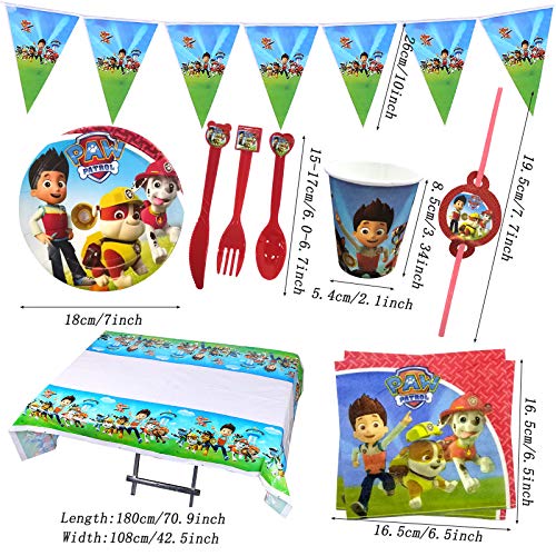 Yisscen Juego de Vajilla para Fiesta 82 piezas,Dog Patrol Decoración de Cumpleaños,Vajilla de Cumpleaños para Niños,Decoración de Mesa Platos,Tazas,Servilletas,Manteles