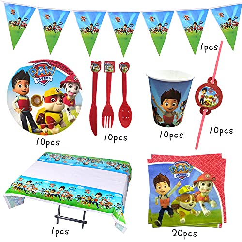 Yisscen Juego de Vajilla para Fiesta 82 piezas,Dog Patrol Decoración de Cumpleaños,Vajilla de Cumpleaños para Niños,Decoración de Mesa Platos,Tazas,Servilletas,Manteles