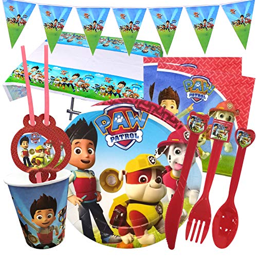 Yisscen Juego de Vajilla para Fiesta 82 piezas,Dog Patrol Decoración de Cumpleaños,Vajilla de Cumpleaños para Niños,Decoración de Mesa Platos,Tazas,Servilletas,Manteles