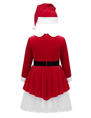 YiZYiF Vestido Navidad Rojo Niñas Disfraz Mamá Noel Vestido Fiesta Tutú Conjunto Navidad Manga Larga y Gorra 2Pcs Traje Terciopelo Invierno Nochebuena Christmas Rojo 12 Años